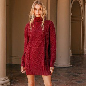Lulus Burgundy Cable Knit Turtleneck Sweater Dress (Small)